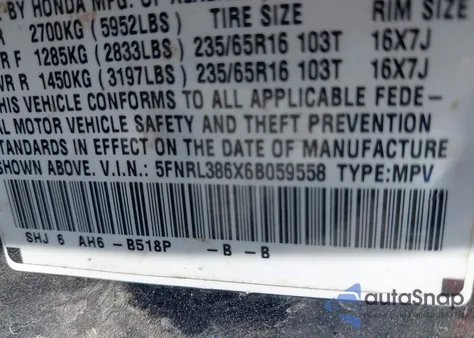 2006 Honda Odyssey Ex-L from USA, damaged, VIN 5FNRL386X6B059558